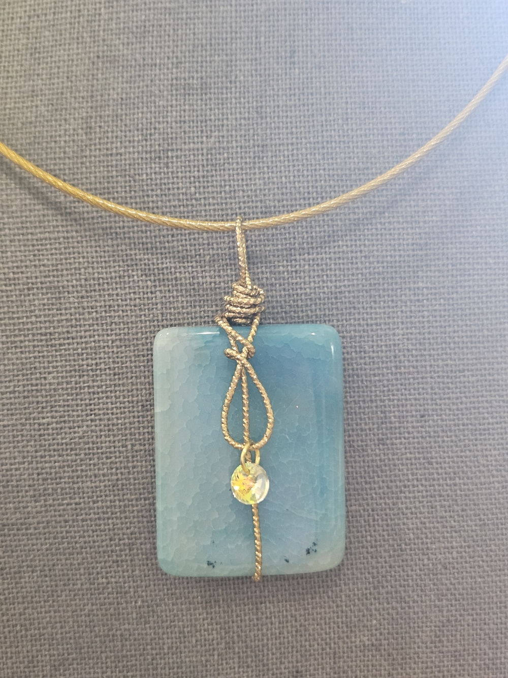Gold Wire-Wrapped Blue Rectangular Stone Pendant Necklace